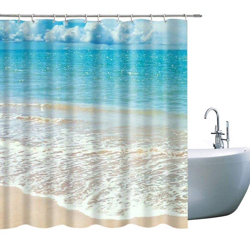 GOOD CARE GOODCARE Ocean Shower Curtain Blue Sea Beach, Cloth Fabric Bathroom Decor Set with Hooks 71x71Inches Blue White - Image 1